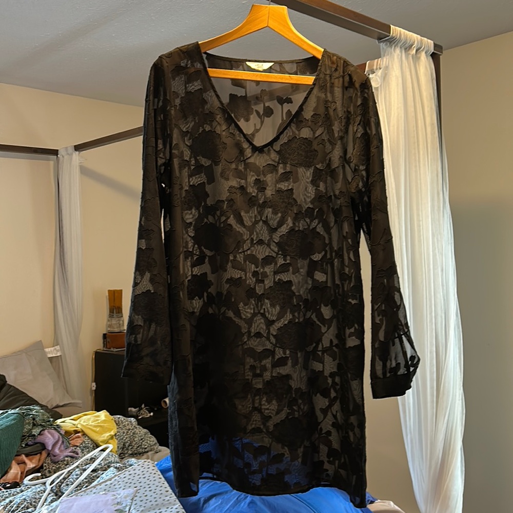 See through black flower printed dress
